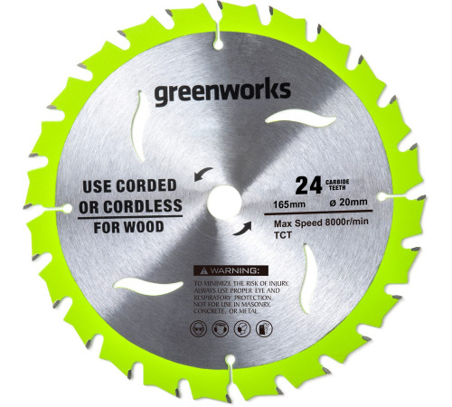 Диск пильный по дереву для циркулярной пилы Greenworks 165x1.6x20 мм, 24T