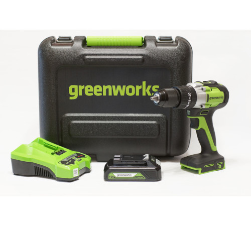 Дрель-шуруповерт ударная аккумуляторная Greenworks 24V GD24DD60K2 (1хАКБ 2Ач и ЗУ) 60Нм в кейсе