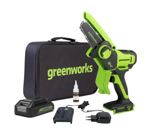 Цепная мини пила аккумуляторная Greenworks 24V G24MCS10 (1хАКБ 4Ач и ЗУ) 10см