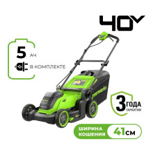 Газонокосилка аккумуляторная Greenworks 40V GD40LM411 (1хАКБ 5Ач и ЗУ) 41 см б/щ