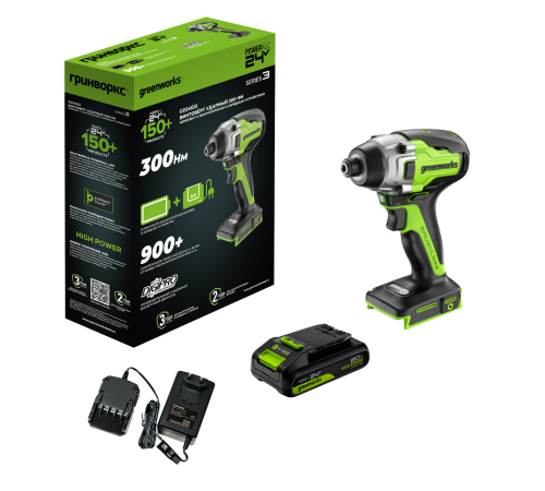 Винтоверт ударный аккумуляторный Greenworks 24V GD24ID3 (1x2Ач, ЗУ, кор) 300Нм, 3 режима, 0-2800об/м