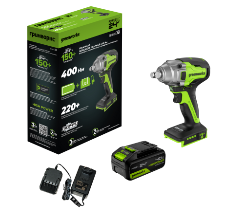 Гайковерт ударный аккумуляторный Greenworks 24V GD24IW400 б/щет (1АКБх4Ач и ЗУ) коробка