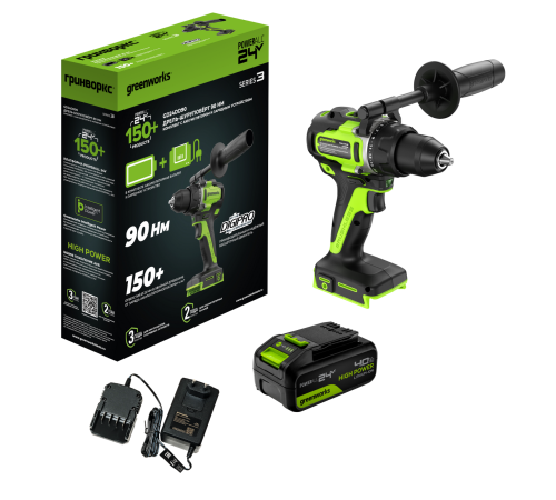 Дрель-шуруповерт аккумуляторная Greenworks 24V GD24DD90 (1хАКБ 4Ач и ЗУ) 90Нм коробка