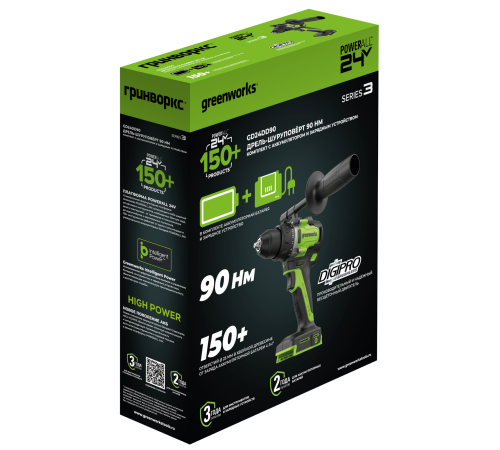 Дрель-шуруповерт аккумуляторная Greenworks 24V GD24DD90 (1хАКБ 4Ач и ЗУ) 90Нм коробка