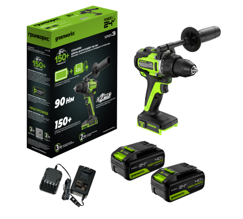 Дрель-шуруповерт аккумуляторная Greenworks 24V GD24DD90 (2хАКБ 4Ач и ЗУ) 90Нм коробка