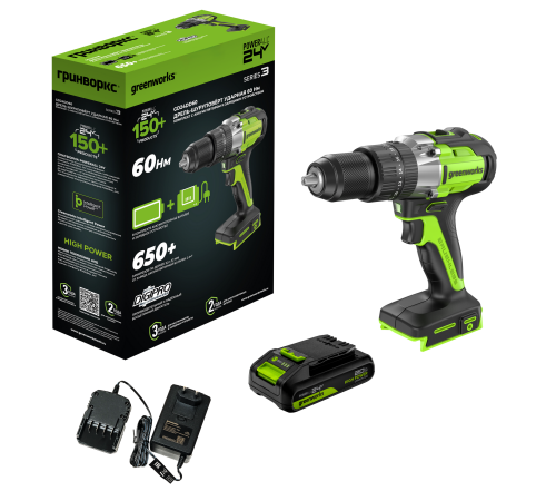 Дрель-шуруповерт ударная аккумуляторная 24V Greenworks GD24DD60 (1х2Ач, ЗУ, кор) 30/60Нм, б/щет