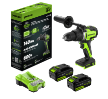 Дрель-шуруповерт ударная аккумуляторная Greenworks 24V GD24DD140 (2хАКБ4Ач и ЗУ) 140Нм коробка