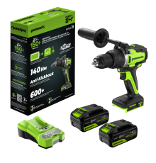 Дрель-шуруповерт ударная аккумуляторная Greenworks 24V GD24DD140 (2хАКБ4Ач и ЗУ) 140Нм коробка