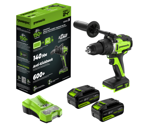 Дрель-шуруповерт ударная аккумуляторная Greenworks 24V GD24DD140 (2хАКБ4Ач и ЗУ) 140Нм коробка