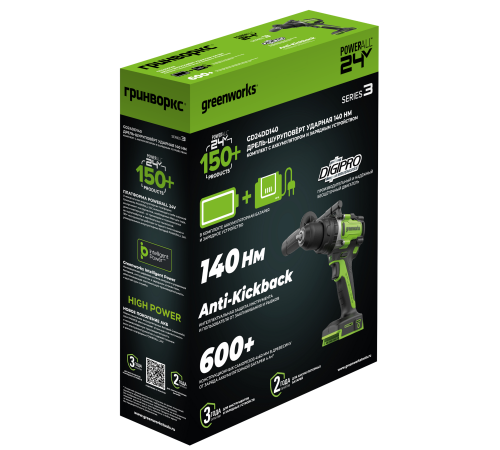 Дрель-шуруповерт ударная аккумуляторная Greenworks 24V GD24DD140 (2хАКБ4Ач и ЗУ) 140Нм коробка