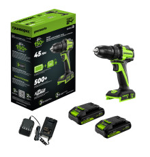 Дрель-шуруповерт аккумуляторная Greenworks 24V DD345 (2АКБх2Ач и ЗУ) б/щет 27/45 Нм 13мм коробка