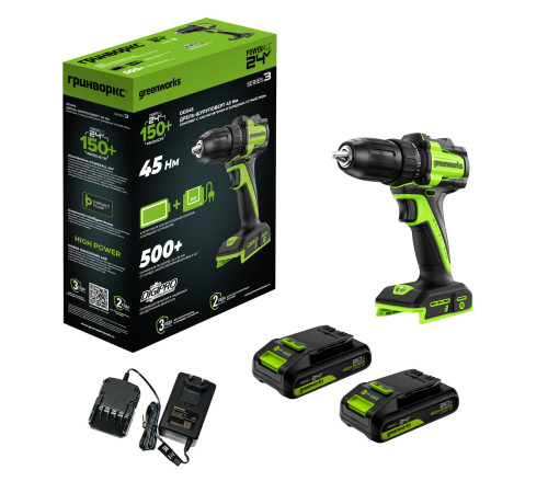 Дрель-шуруповерт аккумуляторная Greenworks 24V DD345 (2АКБх2Ач и ЗУ) б/щет 27/45 Нм 13мм коробка