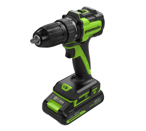 Дрель-шуруповерт аккумуляторная Greenworks 24V DD345 (2АКБх2Ач и ЗУ) б/щет 27/45 Нм 13мм коробка