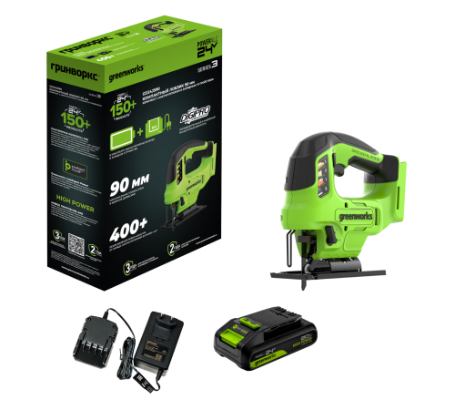 Лобзик аккумуляторный Greenworks 24V GD24JS90 безщеточный (1хАКБ 2Ач и ЗУ) коробка