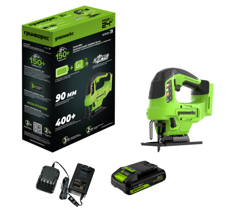 Лобзик аккумуляторный Greenworks 24V GD24JS90 безщеточный (1хАКБ4Ач и ЗУ) коробка