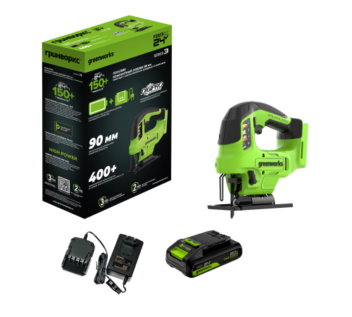 Лобзик аккумуляторный Greenworks 24V GD24JS90 безщеточный (1хАКБ4Ач и ЗУ) коробка