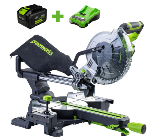 Пила торцовочная Greenworks GD24MS216 24V бесщеточная с протяжкой (1хАКБ 2Ач и ЗУ)