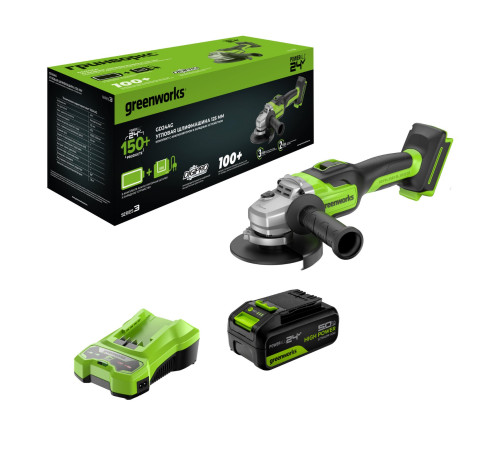 Угловая шлифовальная машина аккумуляторная Greenworks 24VGD24AG (1АКБx5Ач и ЗУ) б/щет 125 мм 10500 о