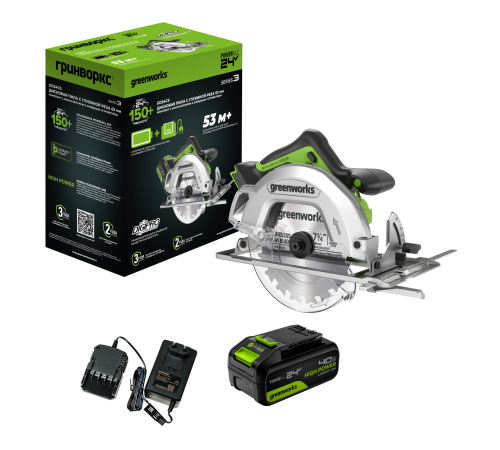 Циркулярная пила аккумуляторная Greenworks 24V GD24CS (1хАКБ 4Ач и ЗУ) коробка
