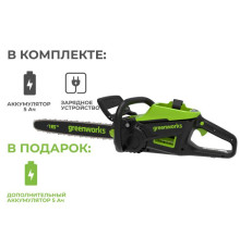 Цепная пила аккумуляторная Greenworks 60V GD60CS25 (2хАКБ 5Ач и ЗУ) 40см