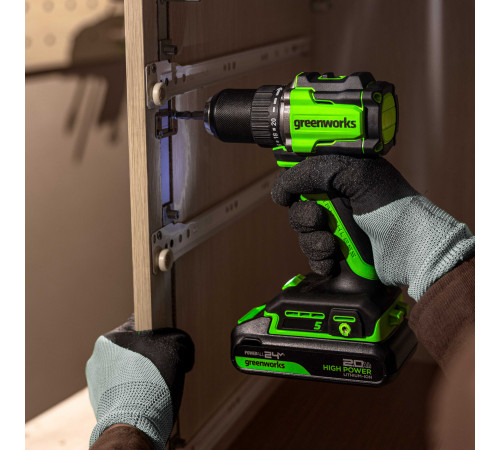 Дрель-шуруповерт аккумуляторная Greenworks 24V DD560 (2хАКБ 2Ач и ЗУ)б/щет 30/60Нм 13мм Anti-kickbac