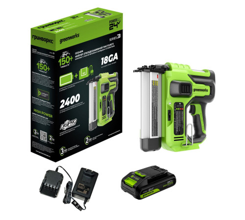 Нейлер аккумуляторный Greenworks 24V GD24BN (1хАКБ 2Ач и ЗУ) коробка